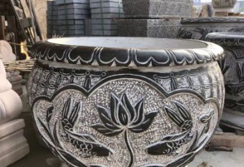 贵州青石仿古荷花水缸雕塑