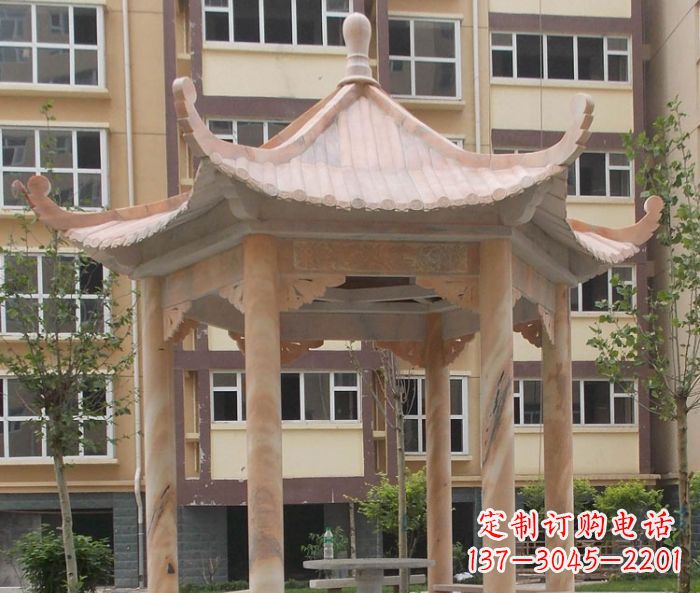 贵州小区晚霞红六角凉亭石雕