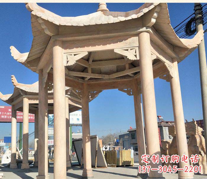 贵州园林景观晚霞红六角石雕凉亭 (2)