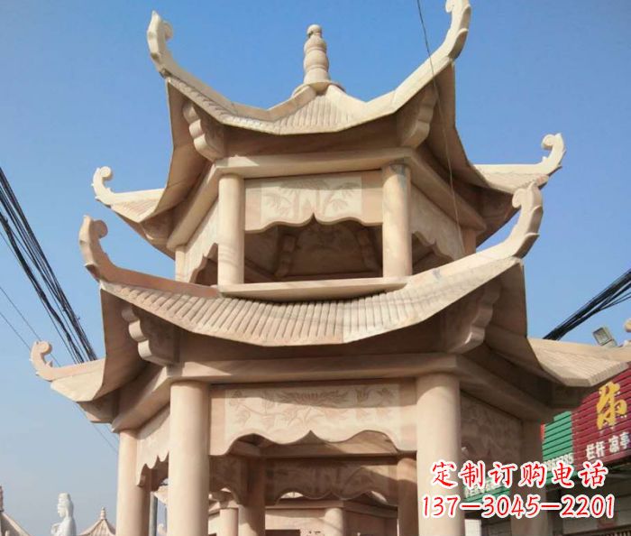 贵州园林景观晚霞红双层石雕凉亭 (2)