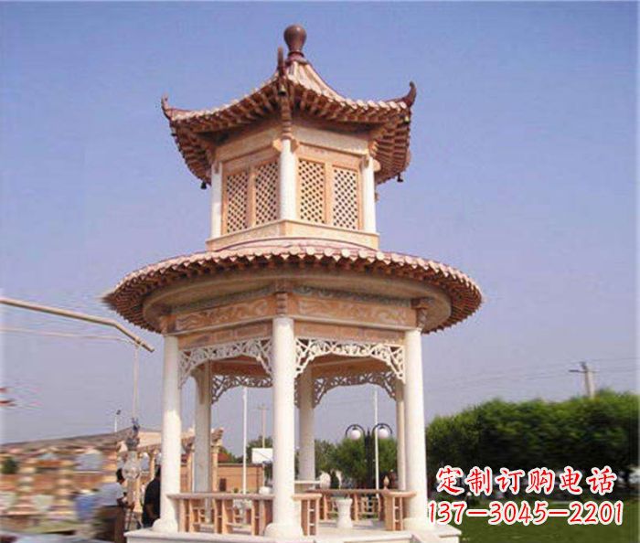 贵州园林景观晚霞红双层石雕凉亭 (4)