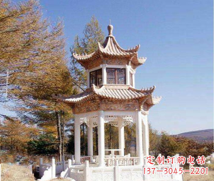 贵州园林景观晚霞红双层石雕凉亭 (3)