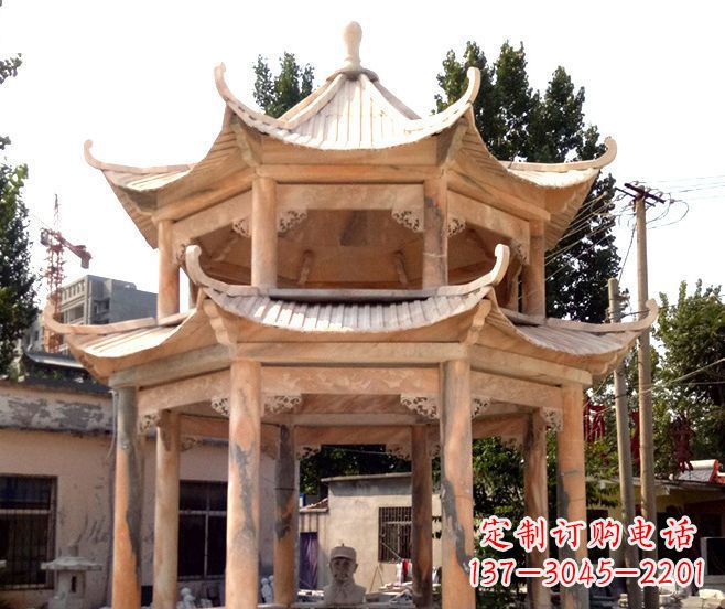 贵州园林景观晚霞红双层石雕凉亭