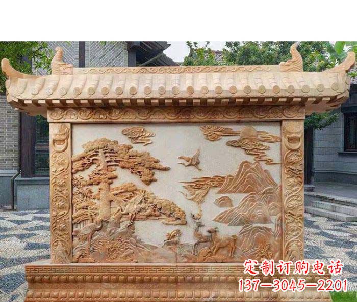 贵州园林景观晚霞红松鹤石浮雕影壁