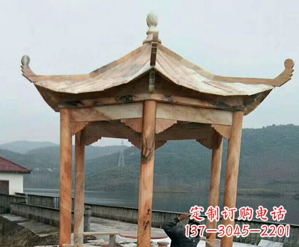 贵州园林晚霞红单层石凉亭景观石雕