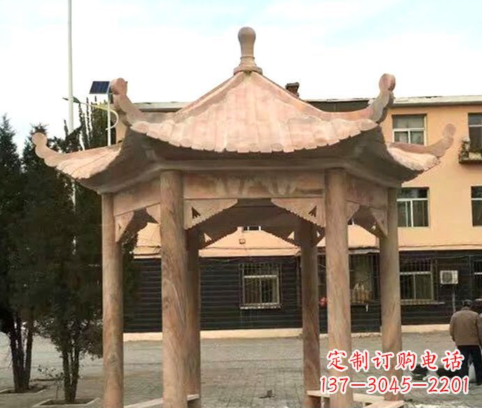 贵州园林晚霞红六角石雕凉亭