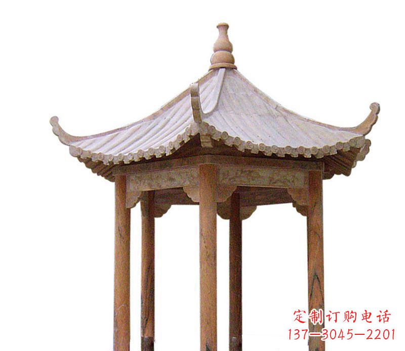 贵州园林晚霞红六角石凉亭景观石雕 (2)