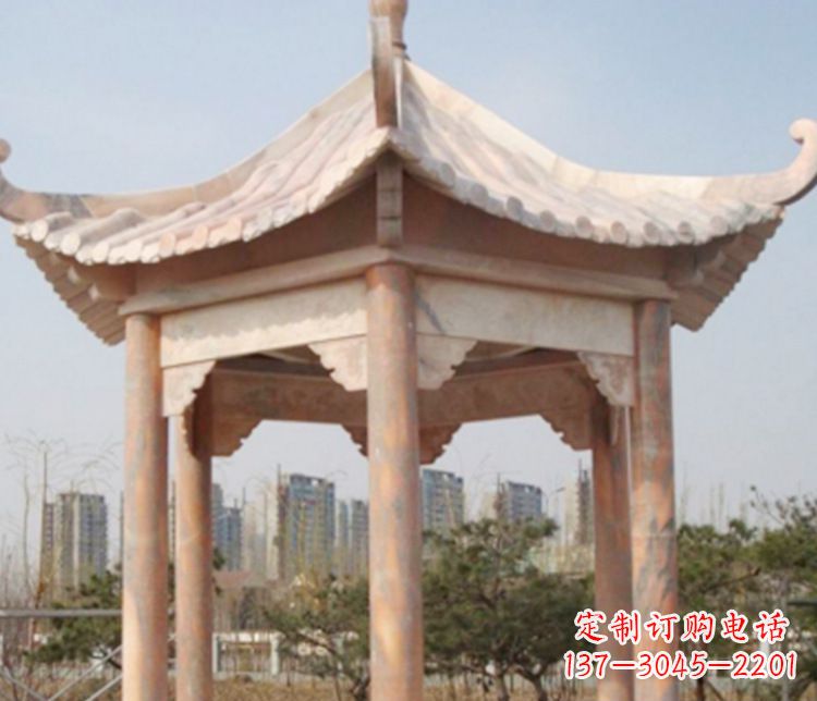 贵州园林晚霞红六角石凉亭景观石雕