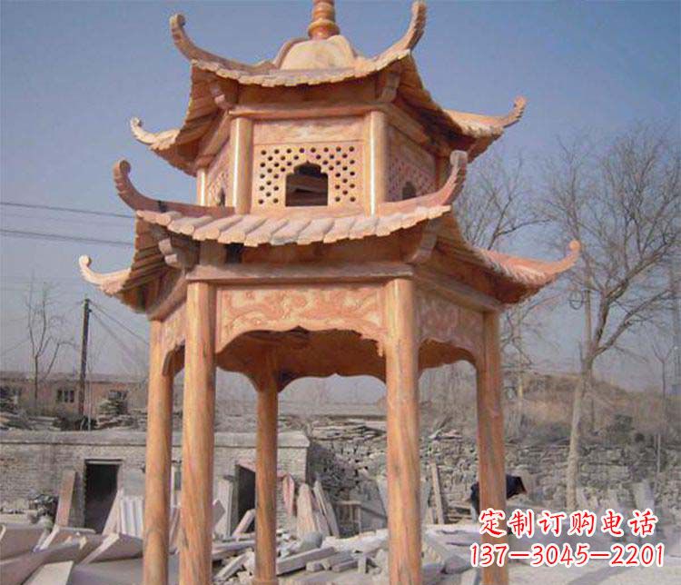 贵州园林晚霞红石凉亭景观石雕